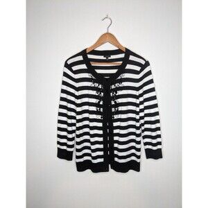 Talbots Vintage Cardigan Sweater M Black White Stripe Embroidered Beaded